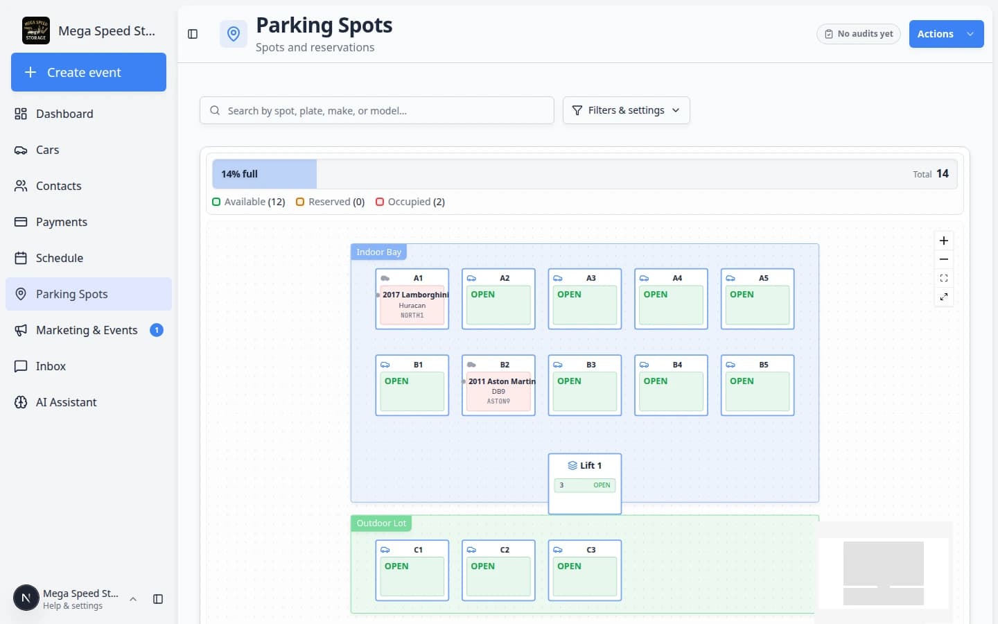 Parking Spots page showing a facility map with named parking spots, one occupied spot, and one stacked lift