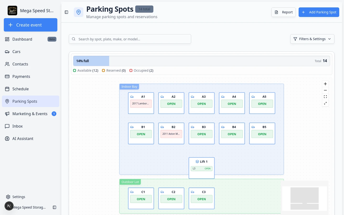 Parking Spots page showing a facility map with named parking spots, one occupied spot, and one stacked lift
