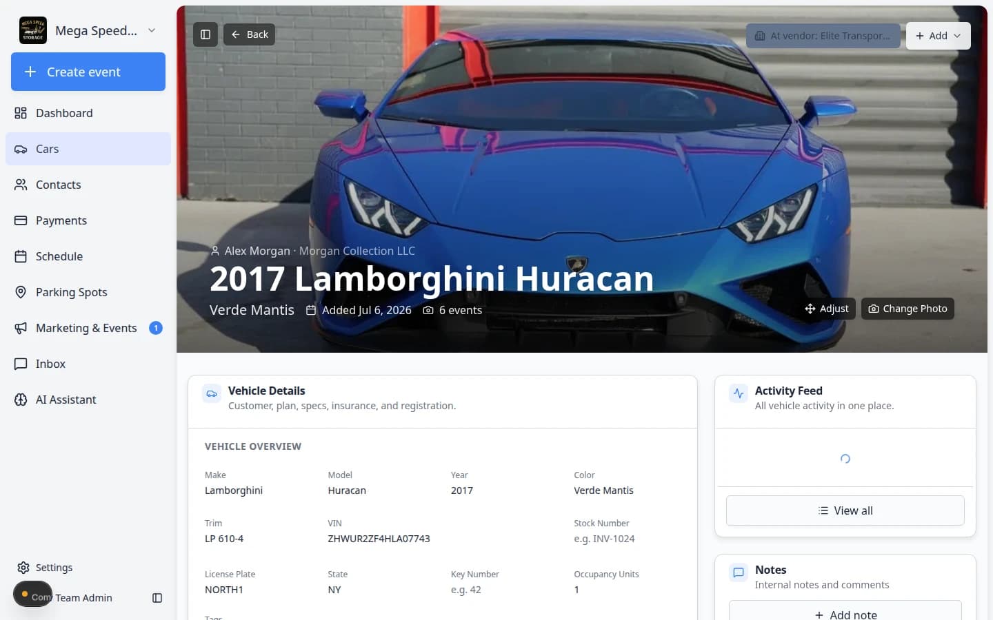 Move location dialog on a car record showing a search field with Vendors section listing Elite Transport Co.