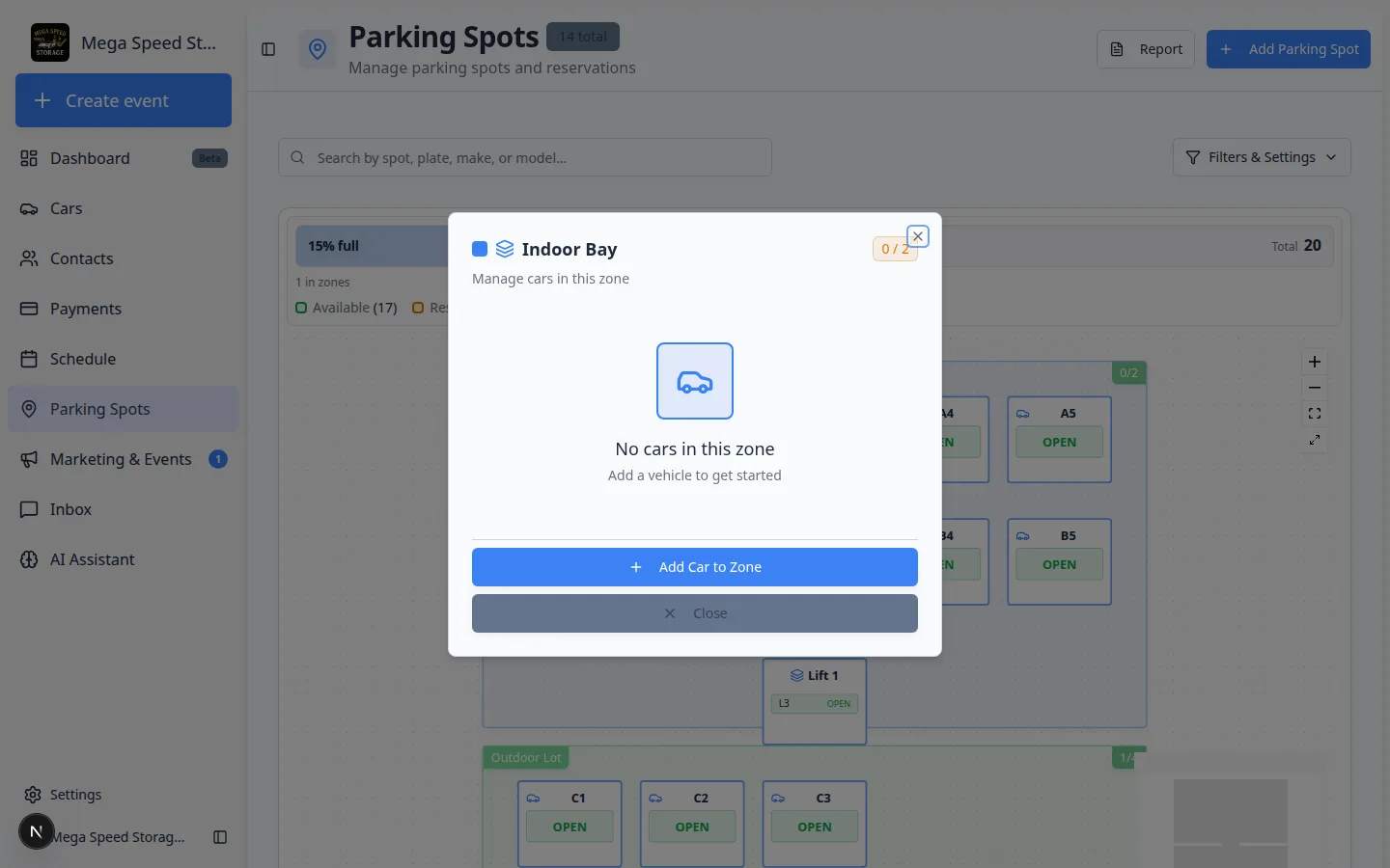 Zone dialog on the Parking Spots map showing Outdoor Lot with capacity counts and a list of cars currently in the zone