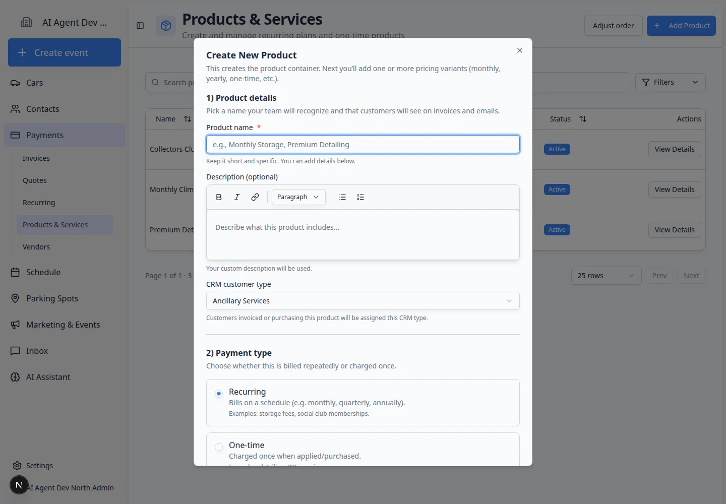 Create New Product dialog showing product details, payment type, how to charge, quantity, and advanced options