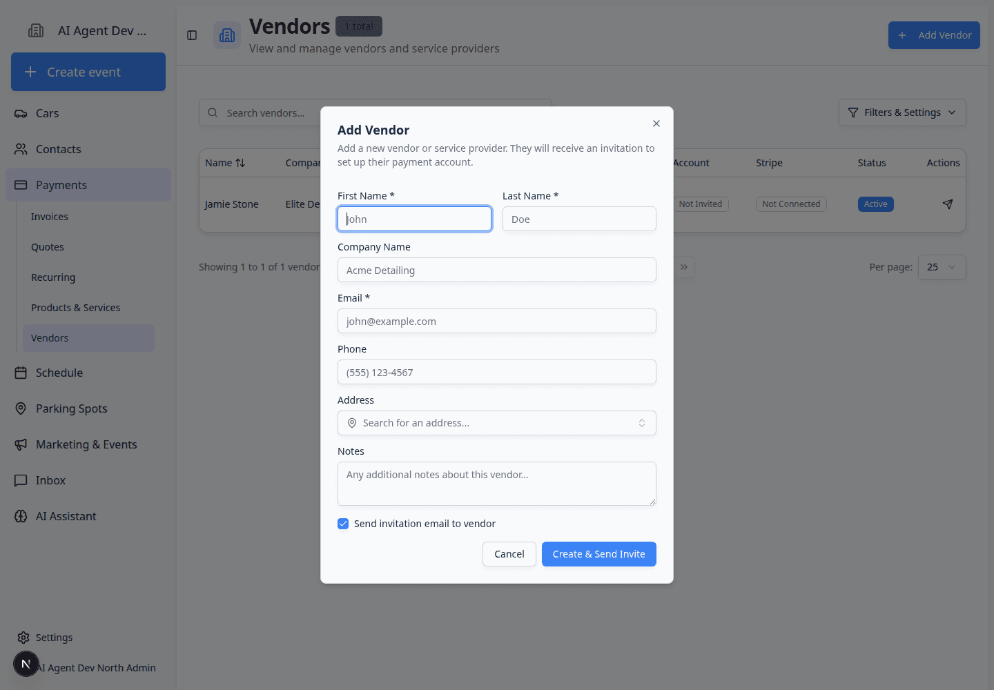 Add Vendor dialog showing first name, last name, company name, email, phone, address, notes, and invitation checkbox