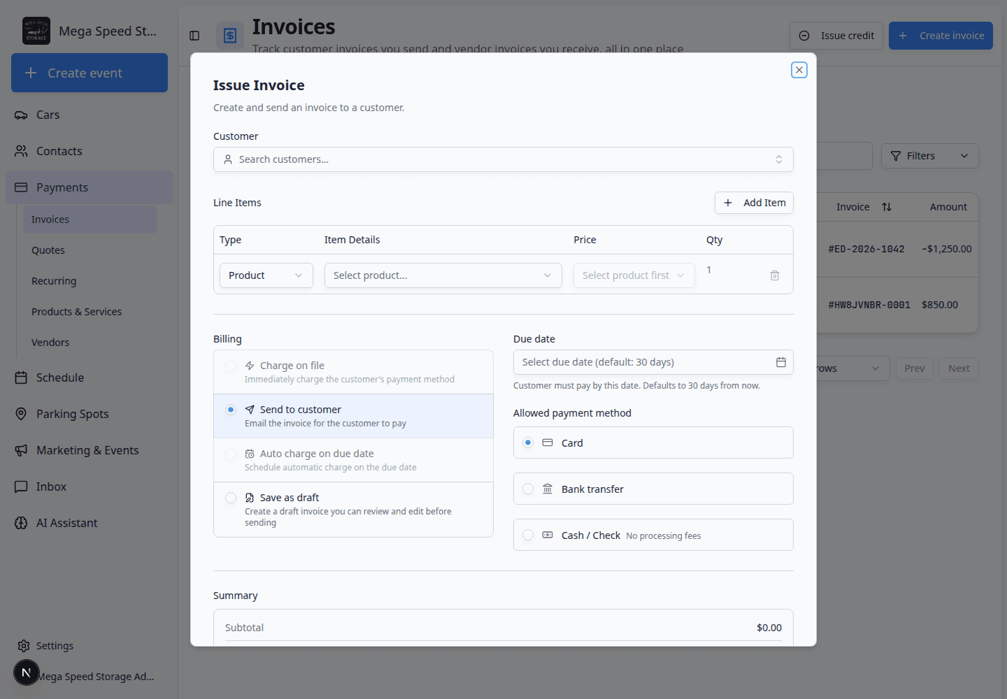 Issue Invoice window showing customer search, payment behavior choices, due date, line items, and invoice total