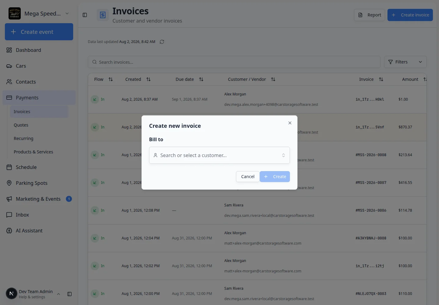 Issue Invoice window showing customer search, payment behavior choices, due date, line items, and invoice total
