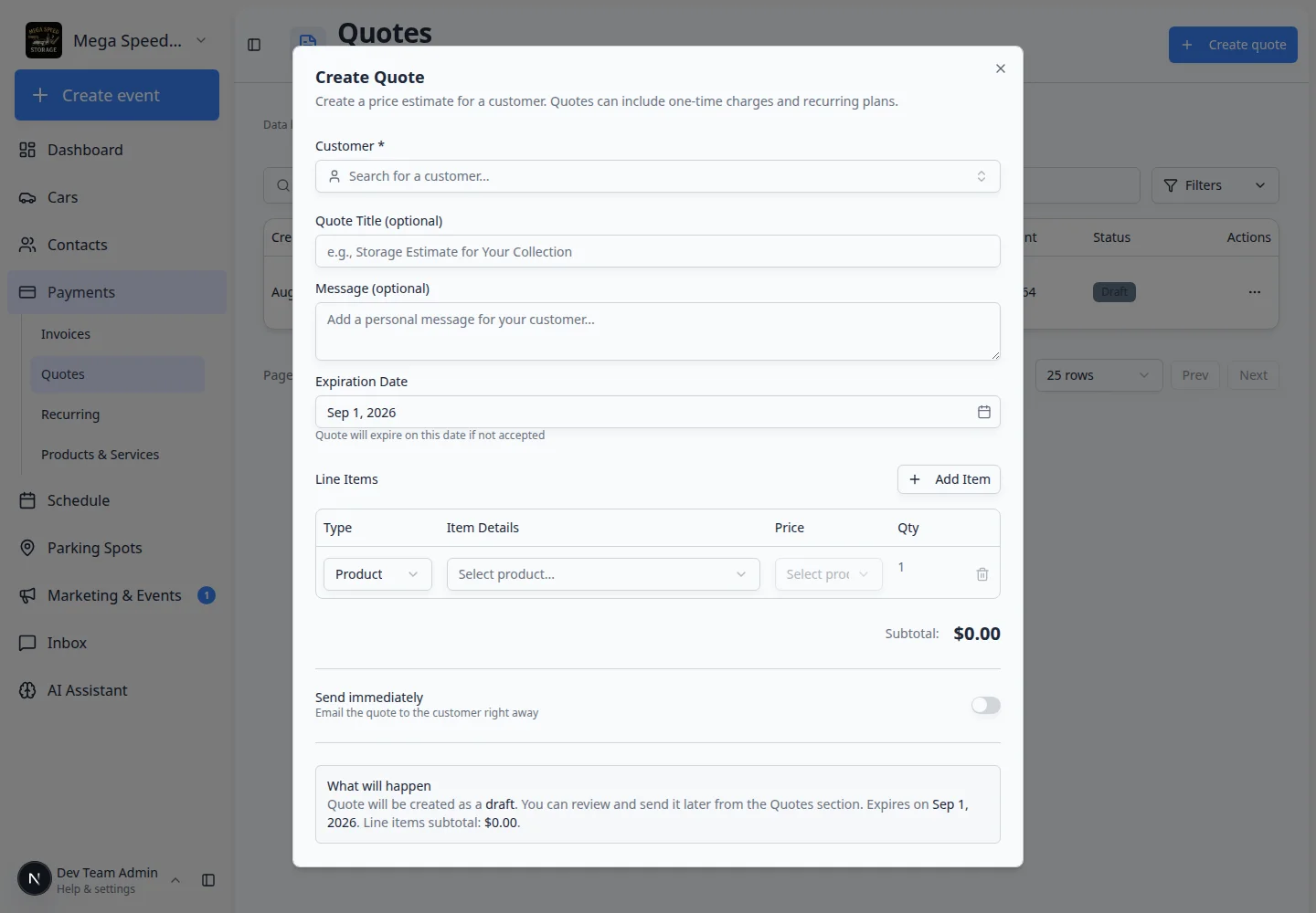 Create Quote dialog showing customer field, quote title, message, expiration date, line items table, and Send immediately toggle