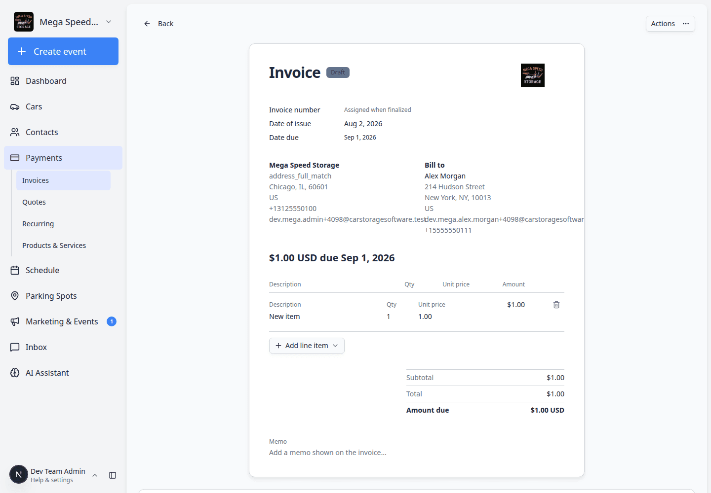 Draft customer invoice detail page showing Draft status badge, line items, totals, and Finalize invoice button