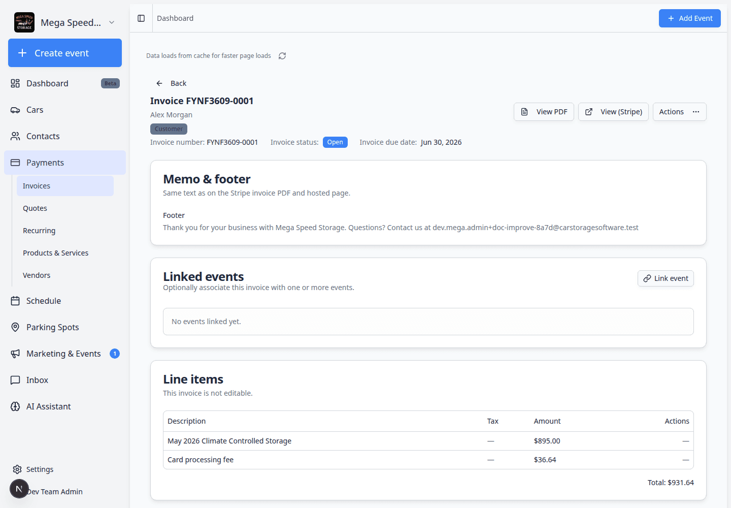 Open customer invoice detail page with amount due and Actions button in the top-right