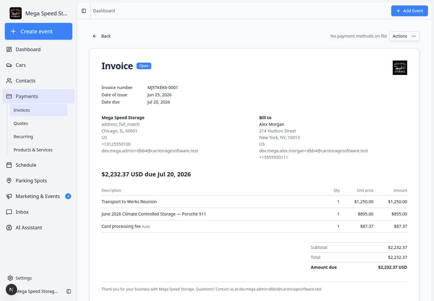 Open customer invoice detail page showing status badge, amount due, line items, and Actions button