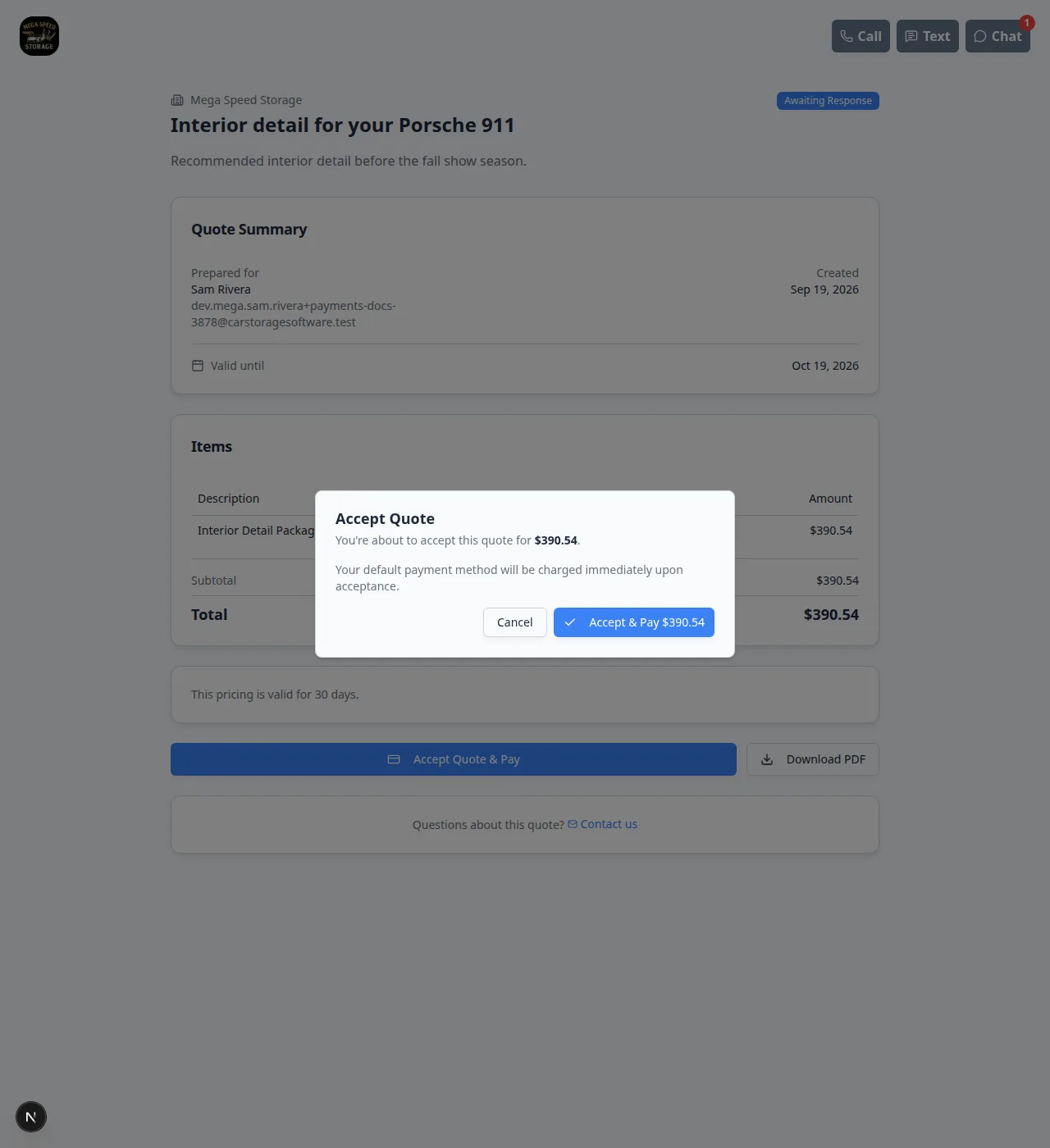 Accept Quote confirmation window stating the customer is about to accept the quote for 390.54, with Cancel and Accept and Pay buttons