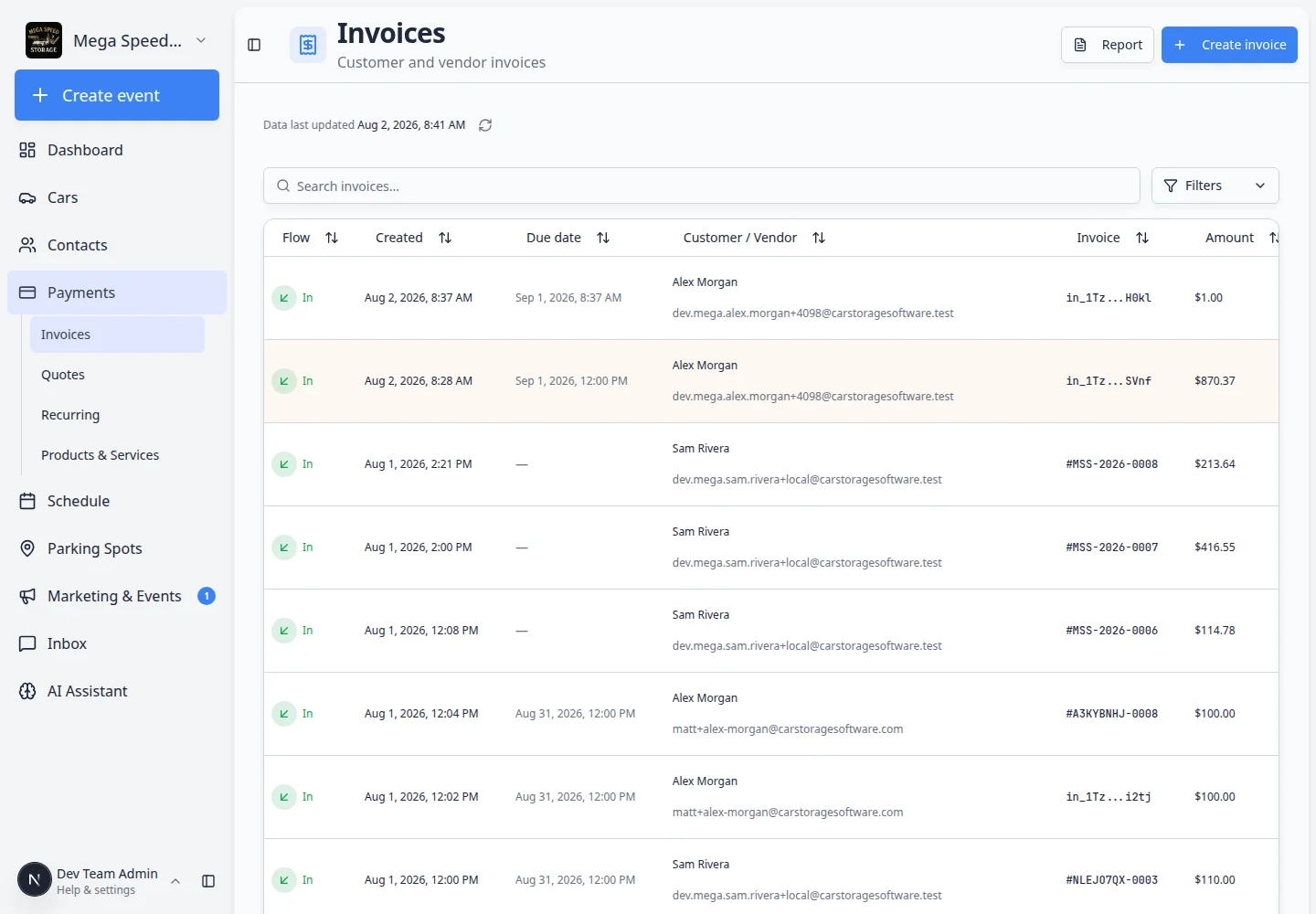 Invoices page Customer tab showing multiple invoices with status badges and amounts