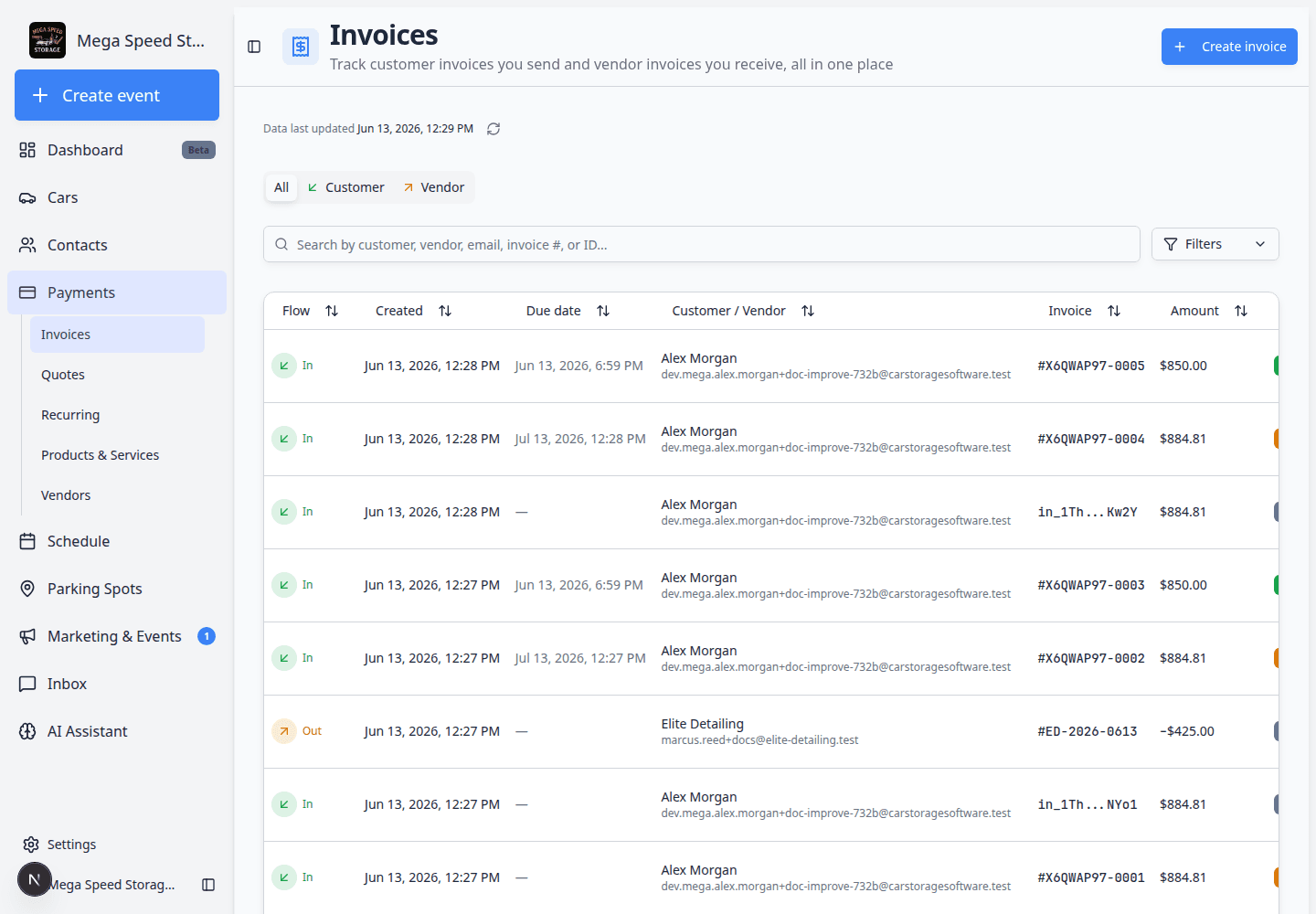 Invoices page showing Customer and Vendor tabs with invoice rows, status badges, and amounts