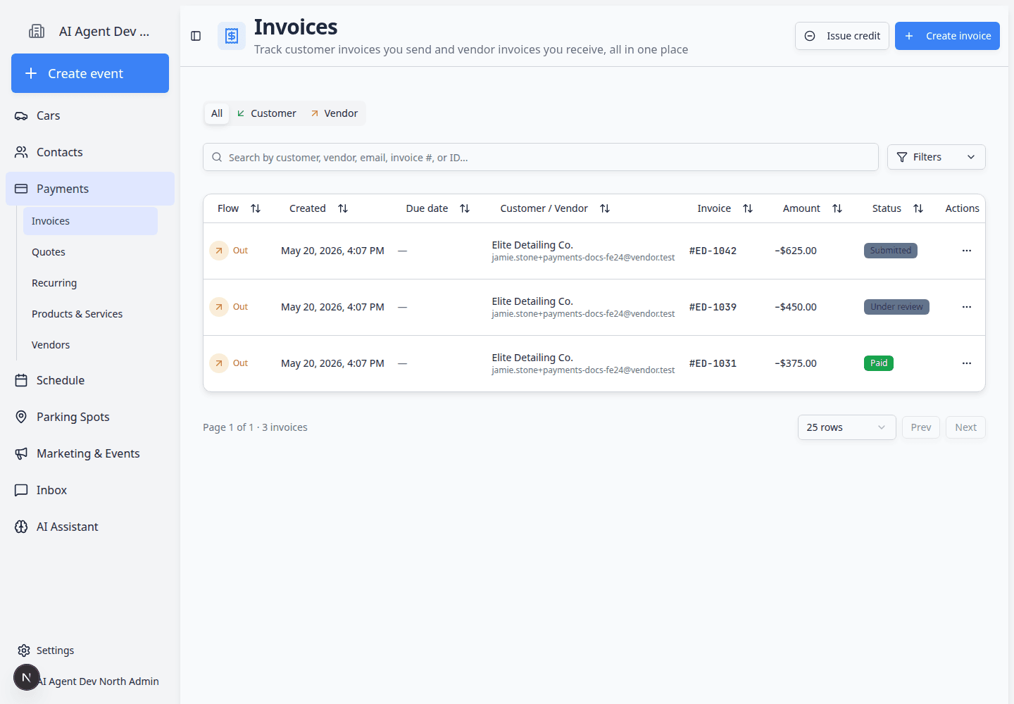 Invoices page showing customer and vendor invoice rows with status, amount, and action buttons