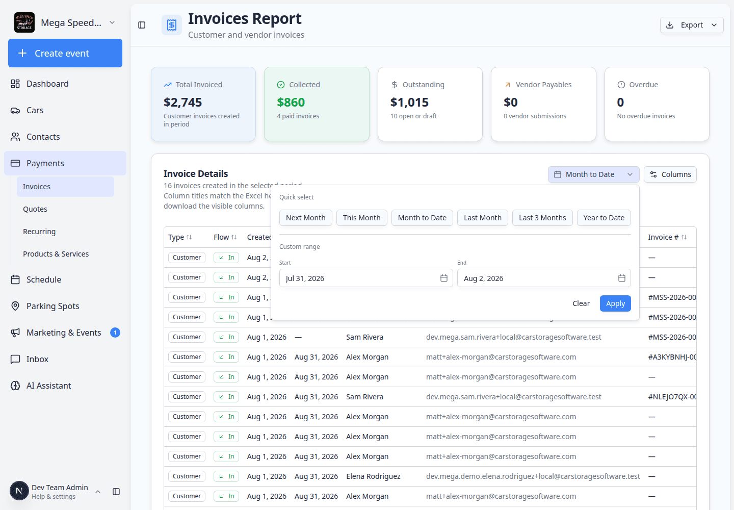 Invoices Report date range picker open showing quick presets and custom start and end date fields