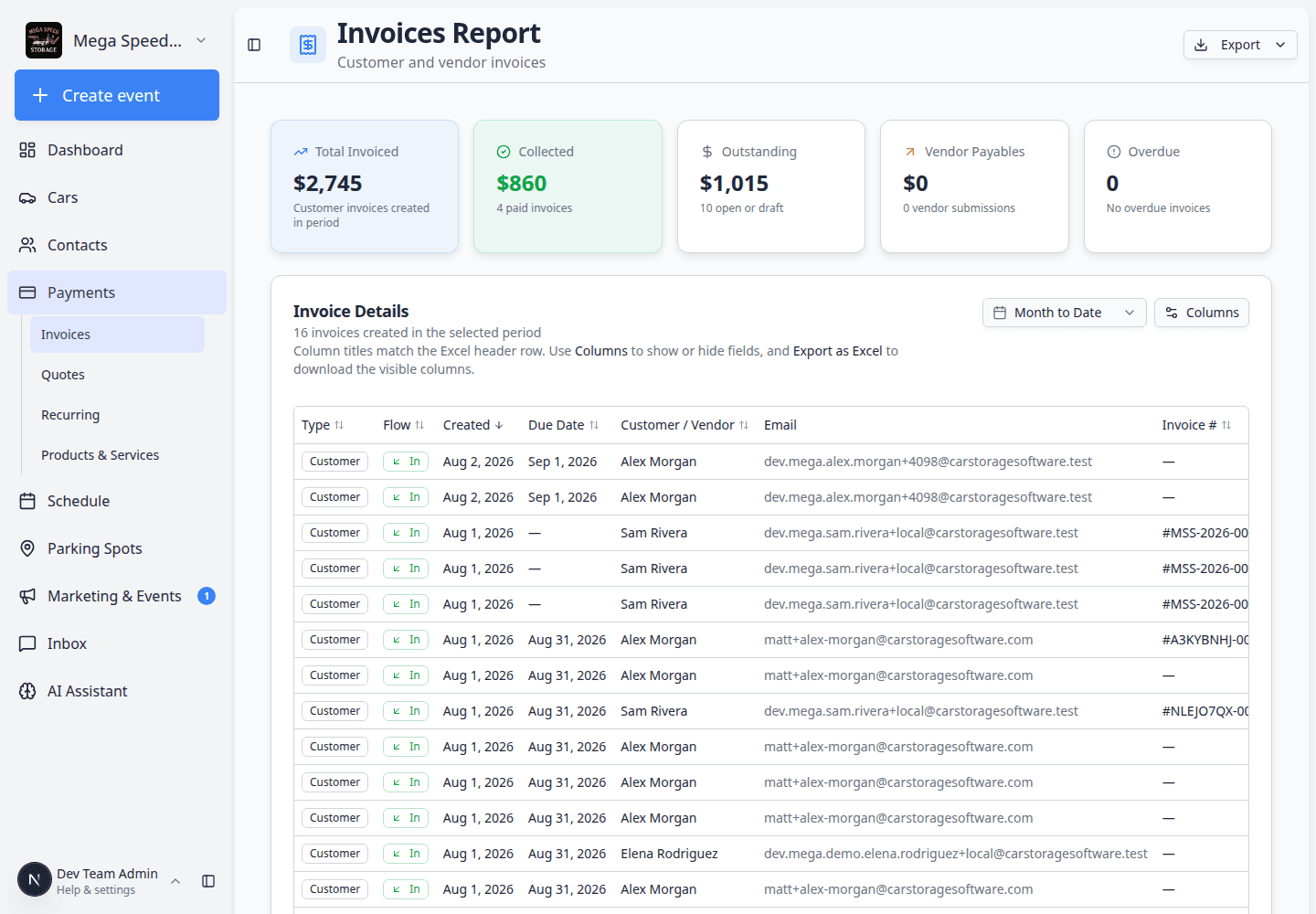 Invoices Report page showing summary cards and invoice table for a date range