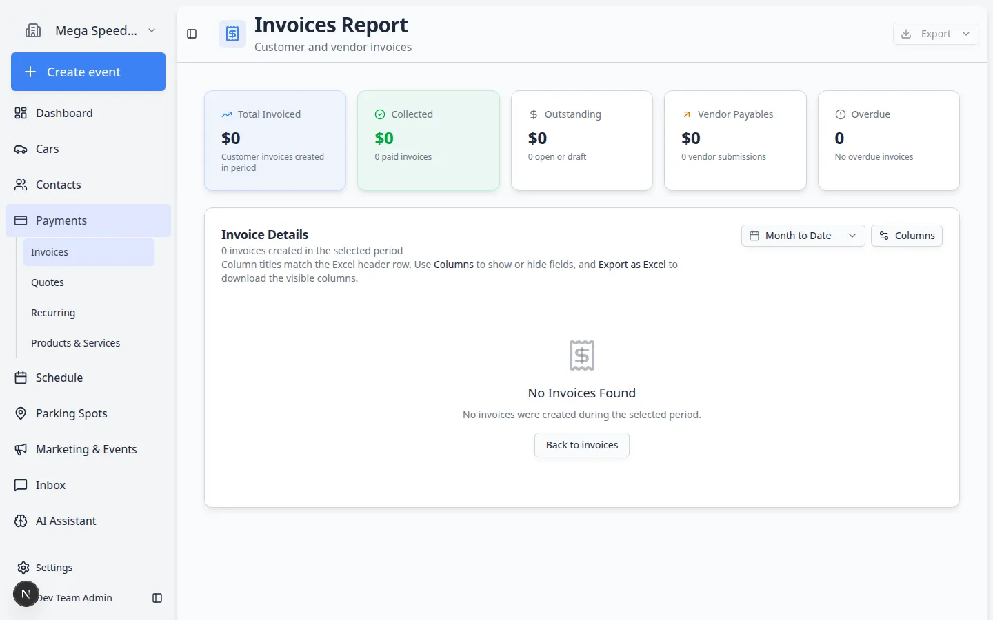 Invoices Report page showing date range picker, summary cards for Total Invoiced and Collected, and a table of invoice rows