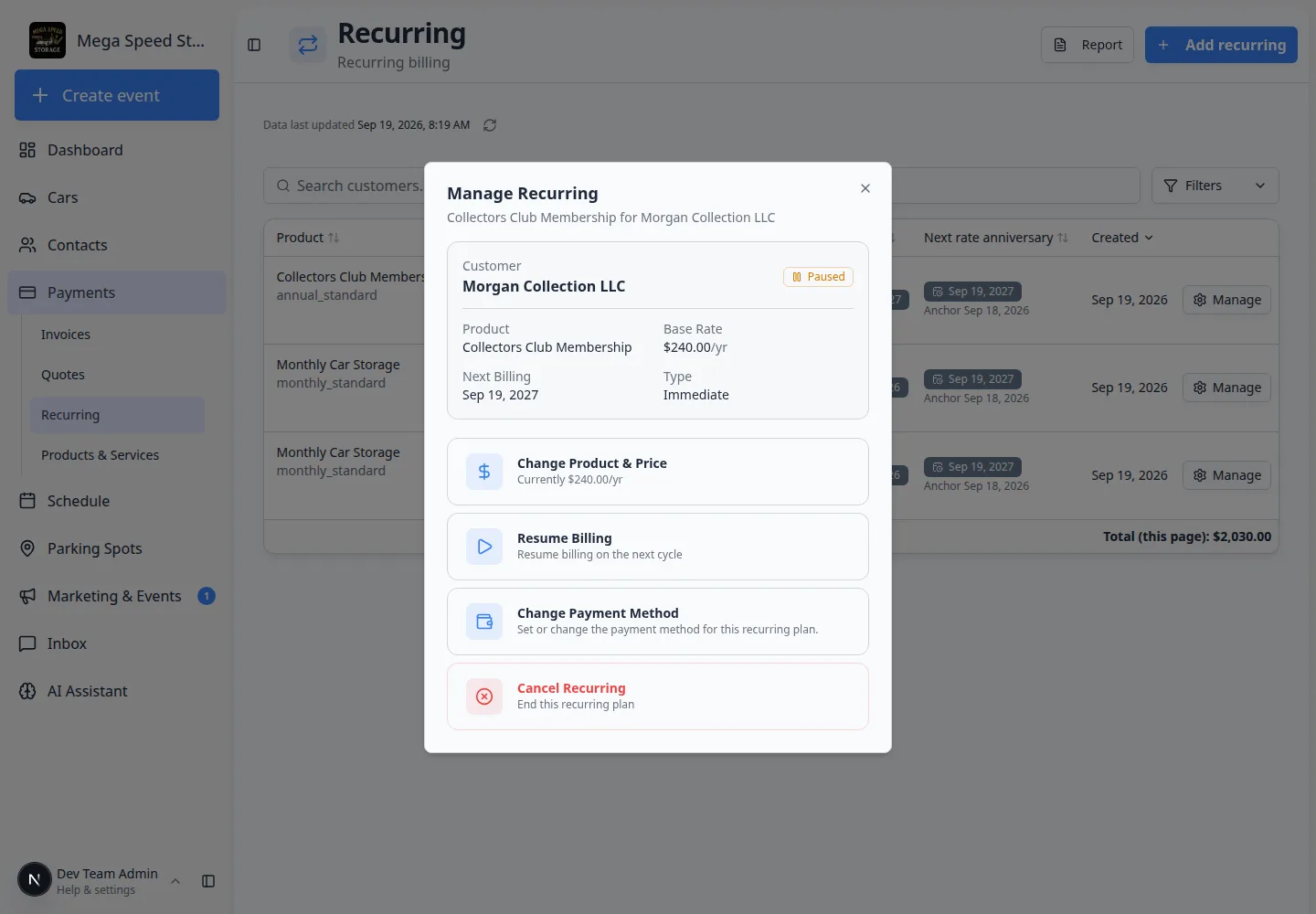 Manage recurring billing dialog
