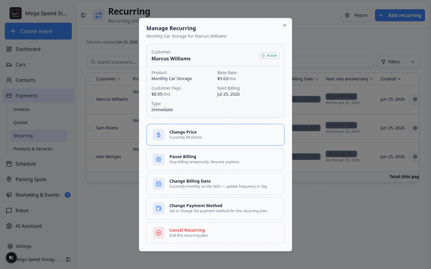 Manage Recurring window showing customer name, product, current price, next billing date, and large action buttons such as Change Price, Pause Billing, and Cancel Recurring