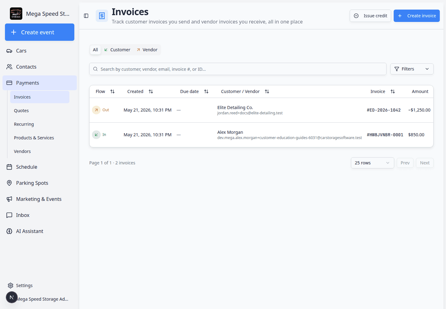 Dashboard sidebar with Payments expanded, showing Invoices, Quotes, Recurring, Products and Services, and Vendors