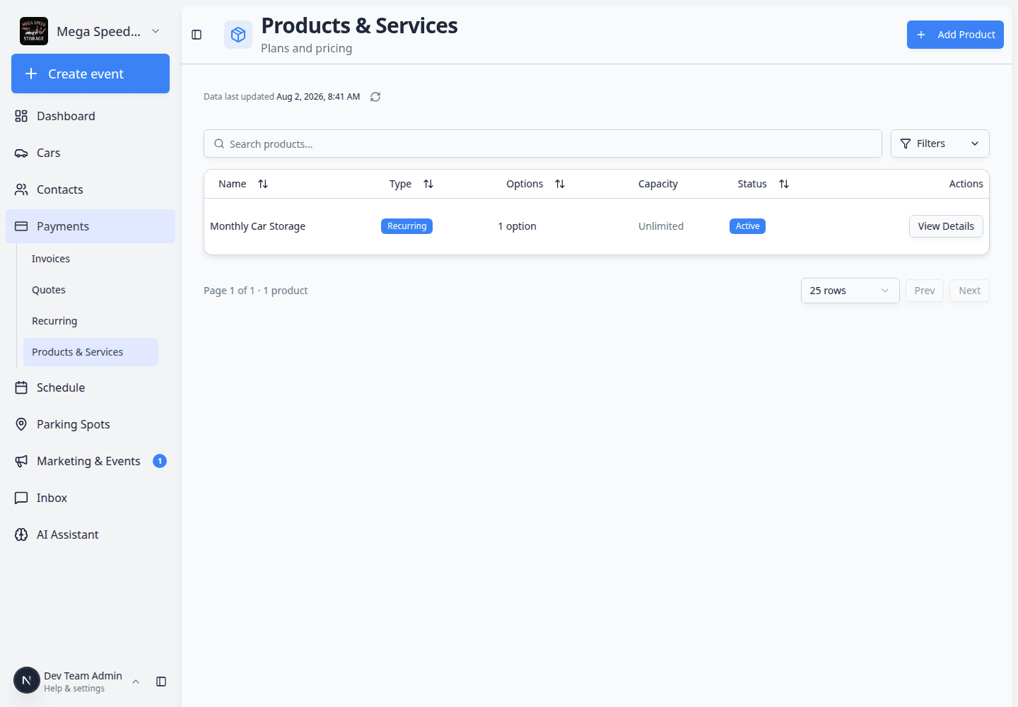 Products and Services list showing recurring and one-time products used as quote line items
