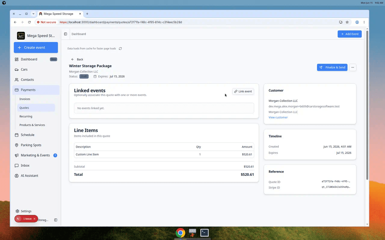 Quote detail page showing Winter Storage Package header, line items, subtotal, tax, total, and expiration date