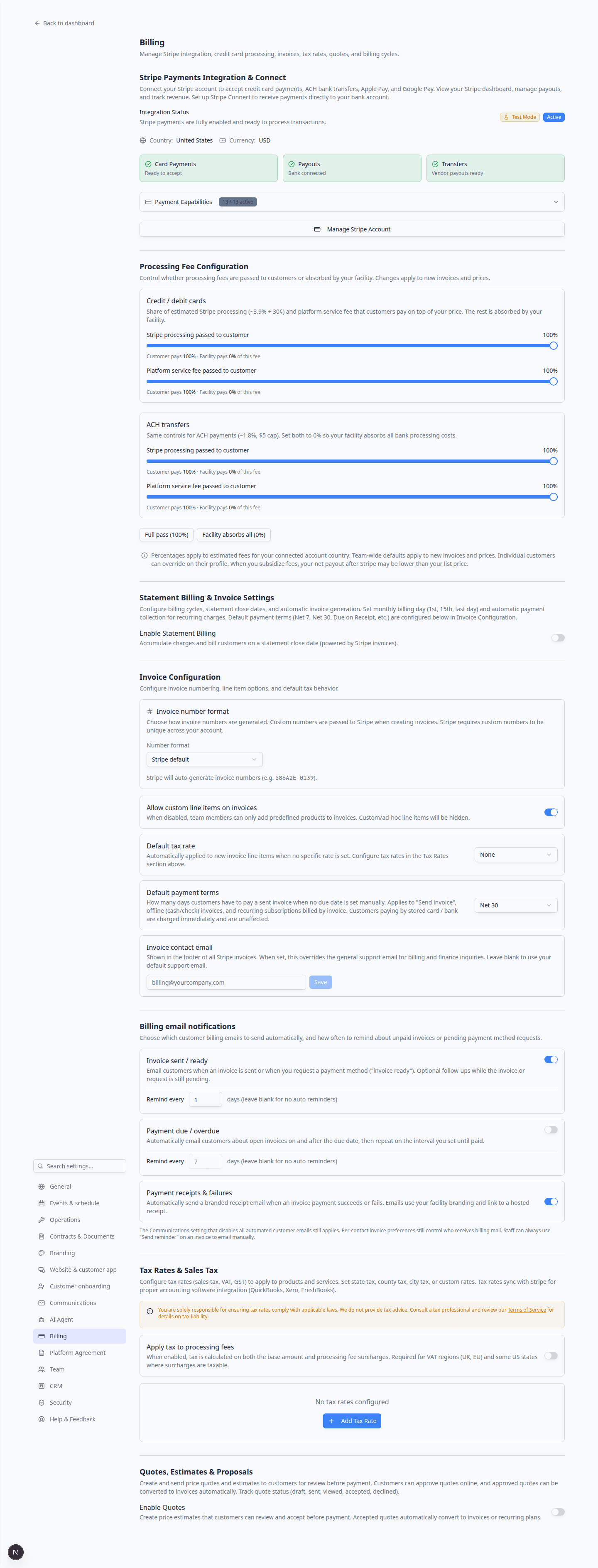 Billing settings showing Quotes Estimates and Proposals section with Enable Quotes toggle turned on