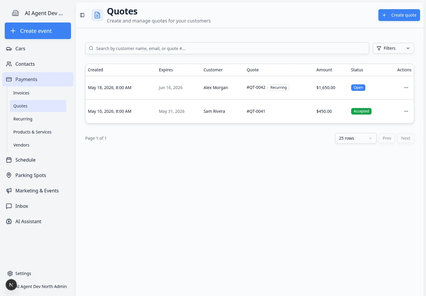 Quotes page showing quote rows with customer names, status, expiration date, and totals