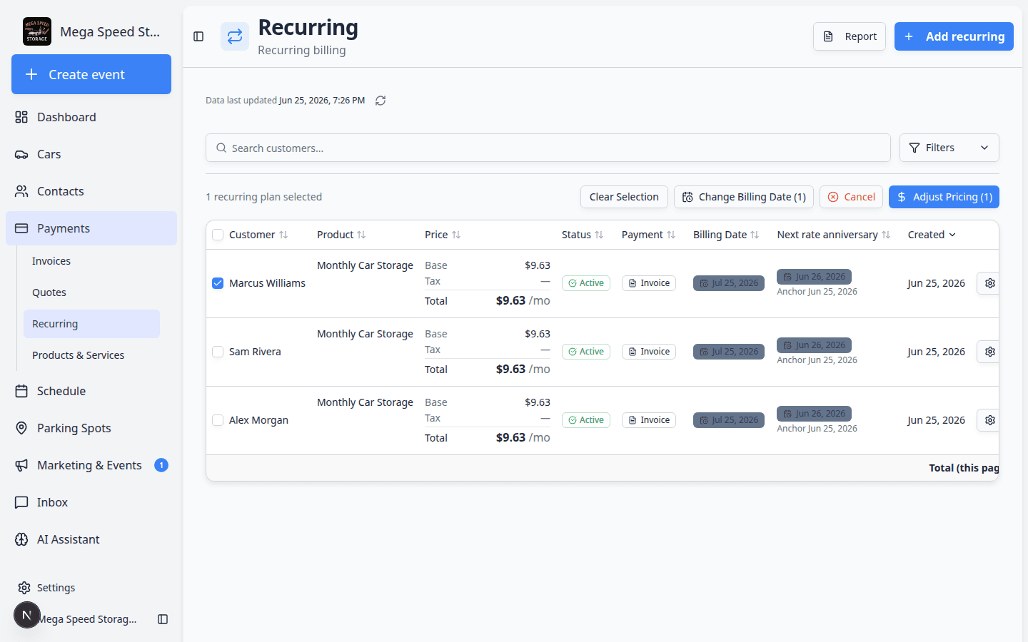 Recurring page with two plans selected and a bulk action bar showing Update Prices, Change Billing Date, and other buttons