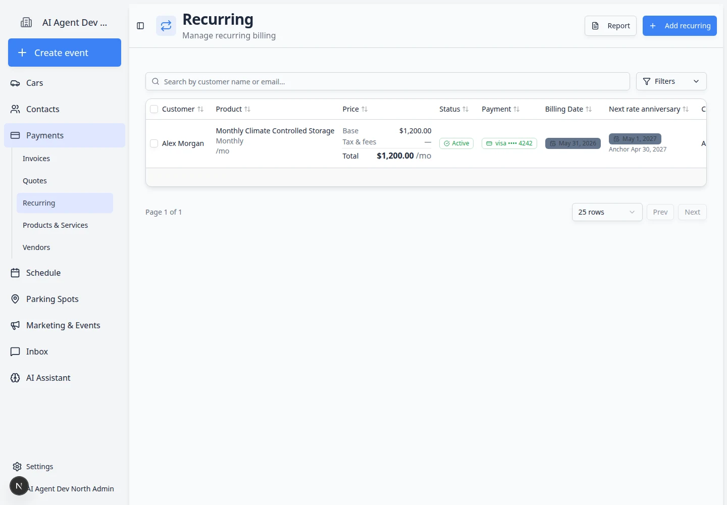 Recurring page showing recurring billing rows with customer, product, price, status, payment method, and next billing date