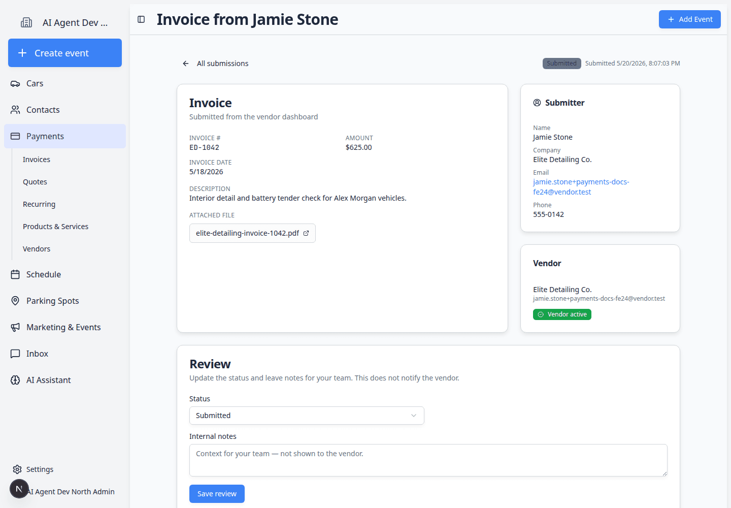 Vendor invoice detail page showing invoice details, submitter, vendor, review status, notes, and payment fields