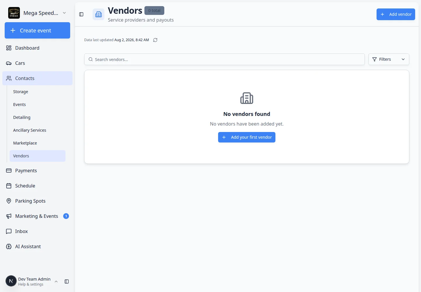 Vendors page showing multiple vendor rows with company names, types, email, account status, and Active status