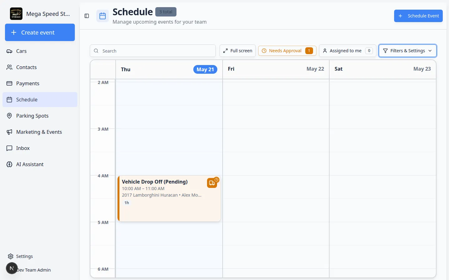 Schedule calendar in 3-day view showing Tuesday through Thursday with color-coded events in their time slots