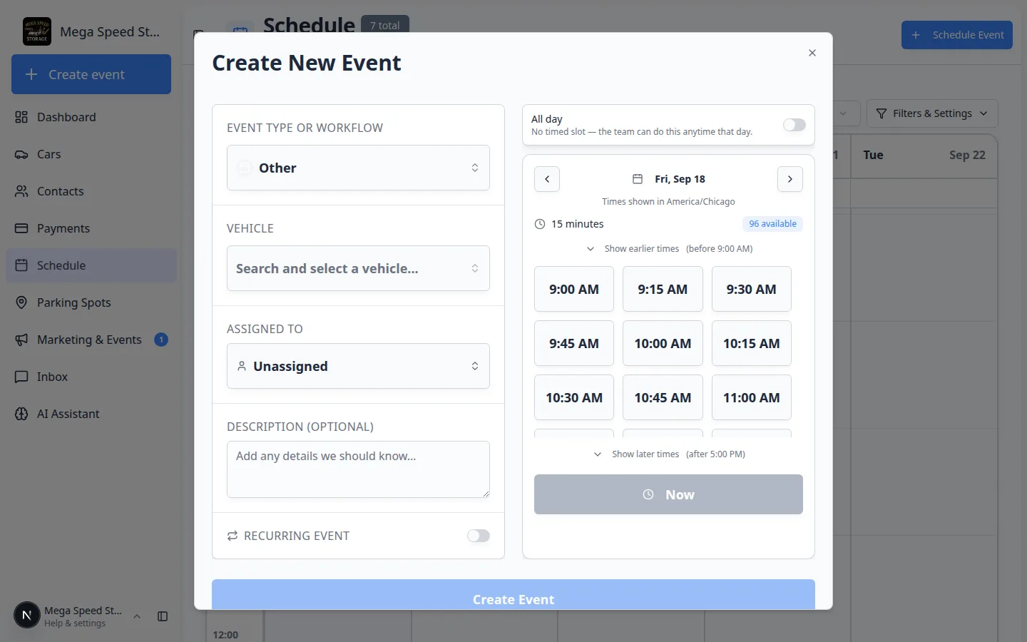 Create New Event window with the All day switch off and available time slots showing on the right