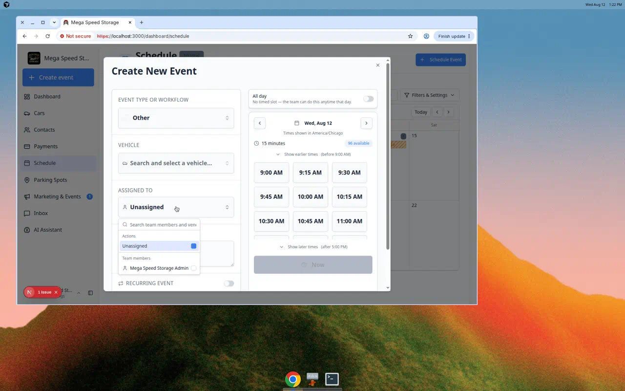 Assigned to picker open on Create New Event showing Team members and Vendors sections with checkboxes