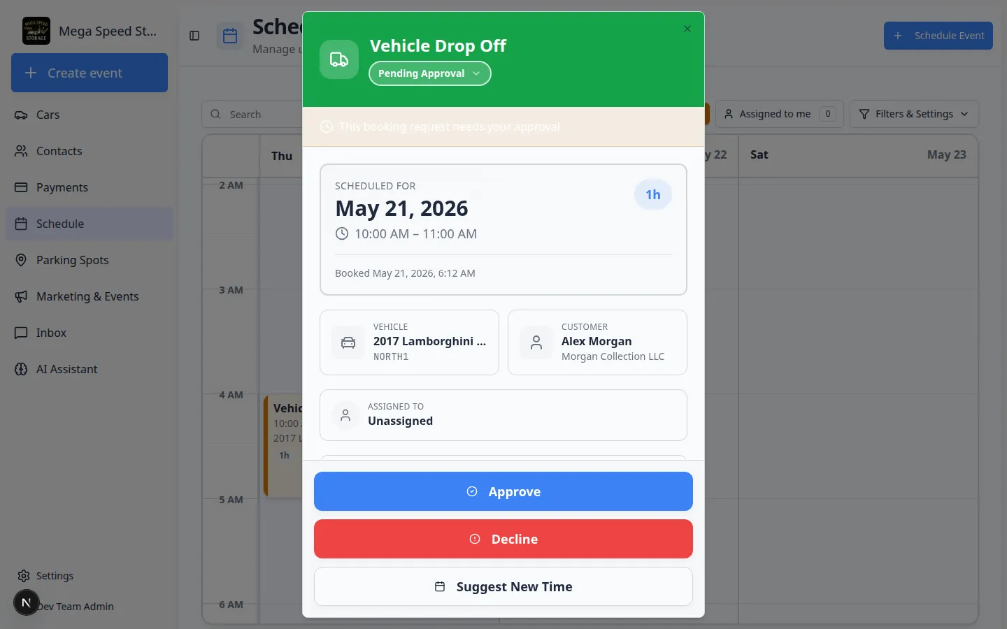 Event details panel for a pending booking showing Approve, Decline, and Suggest New Time buttons