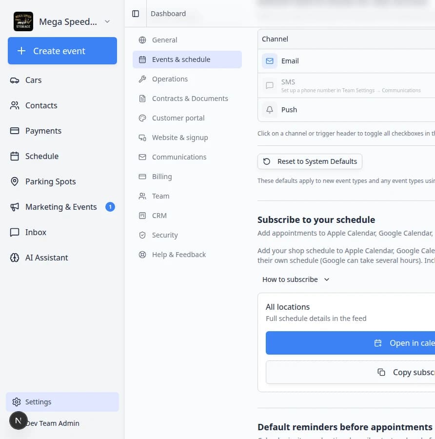 Subscription card showing feed name, privacy line, Open in calendar app button, and Copy subscribe URL button