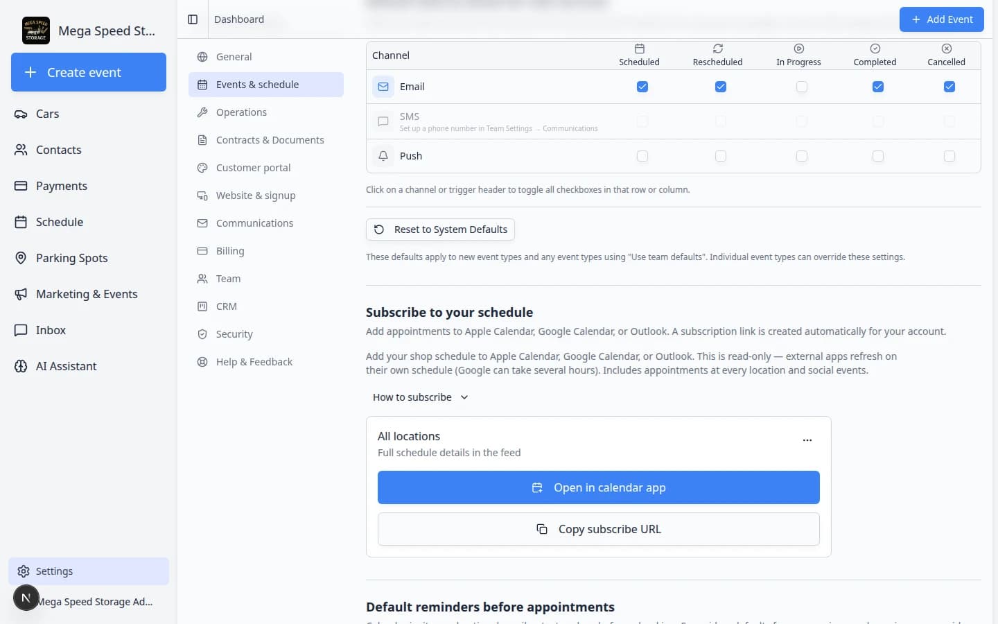 Events and schedule settings page scrolled to Subscribe to your schedule with subscription buttons
