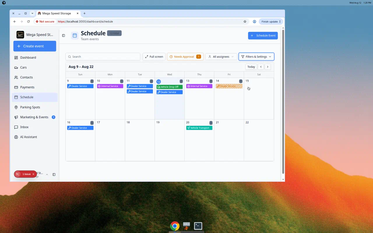 Schedule month calendar showing event blocks with small corner indicators including pending approval stripes on booking requests