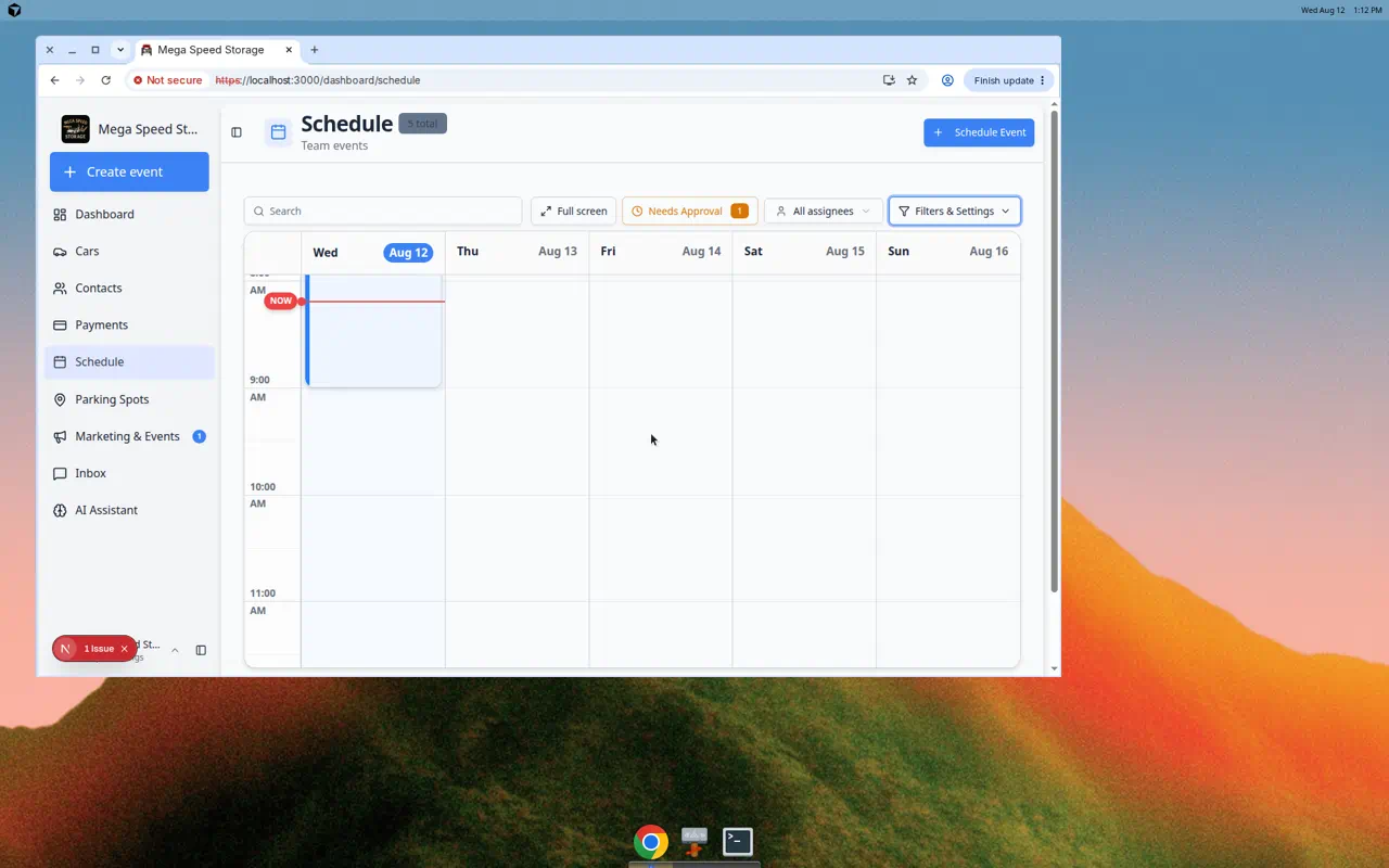 Schedule page showing a 5-day calendar view with color-coded events including vehicle drop-offs, detail appointments, pick-ups, and customer visits spread across the week