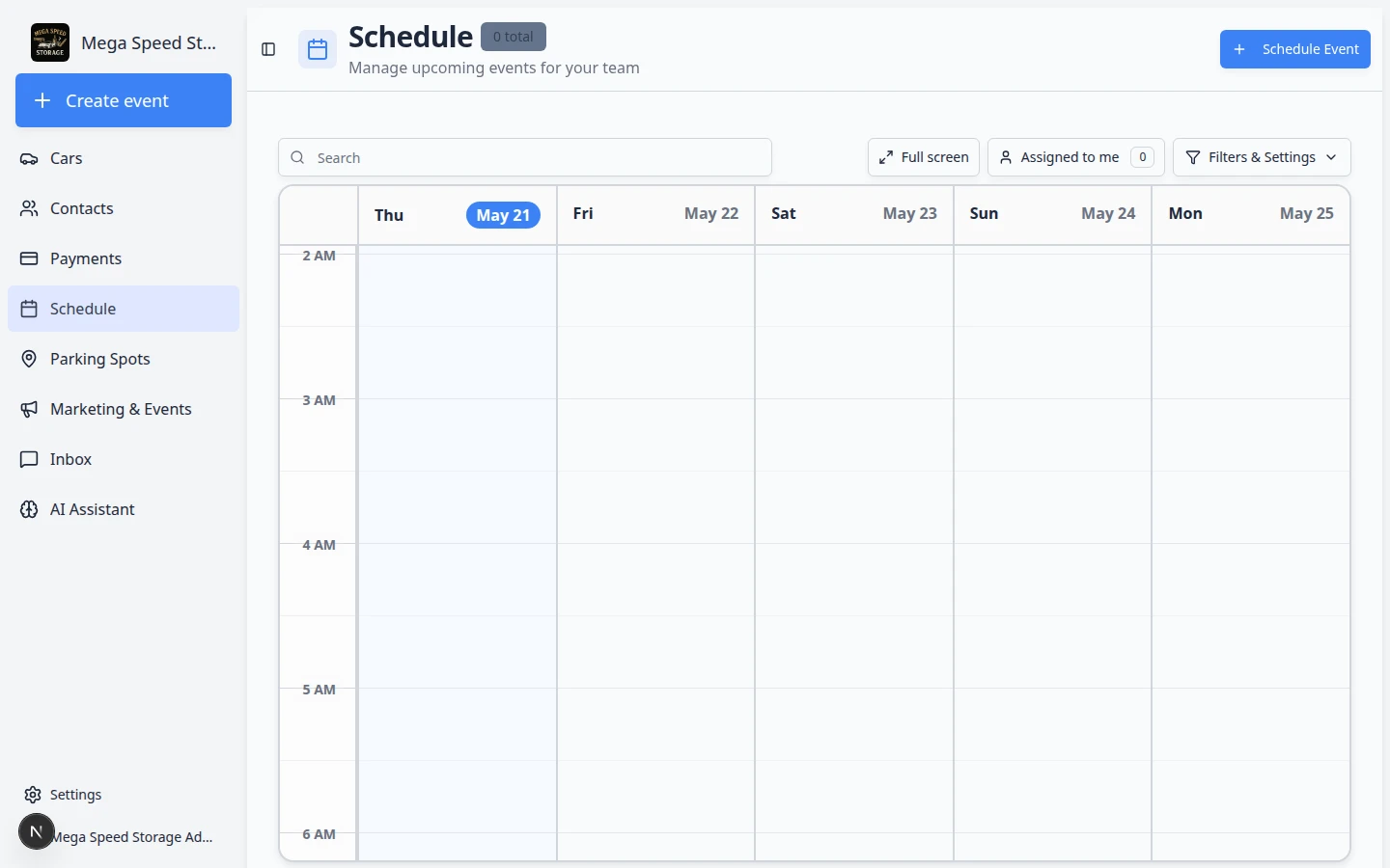 Schedule calendar showing newly created events as colored blocks across the week, with each event displaying the vehicle name, customer, and time