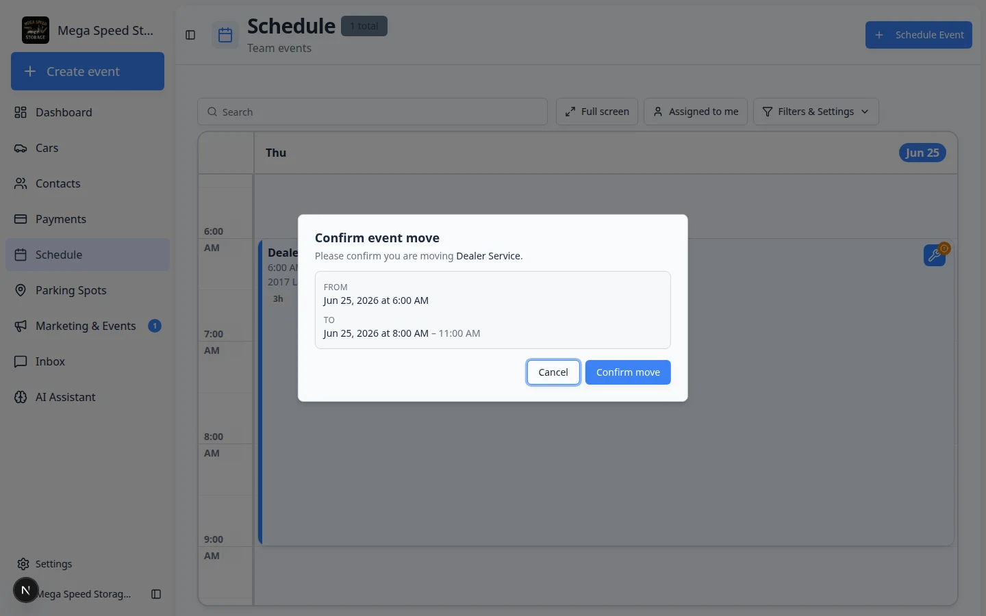 Confirm event move dialog on Schedule showing the original time and the new proposed time after dragging an event on the calendar