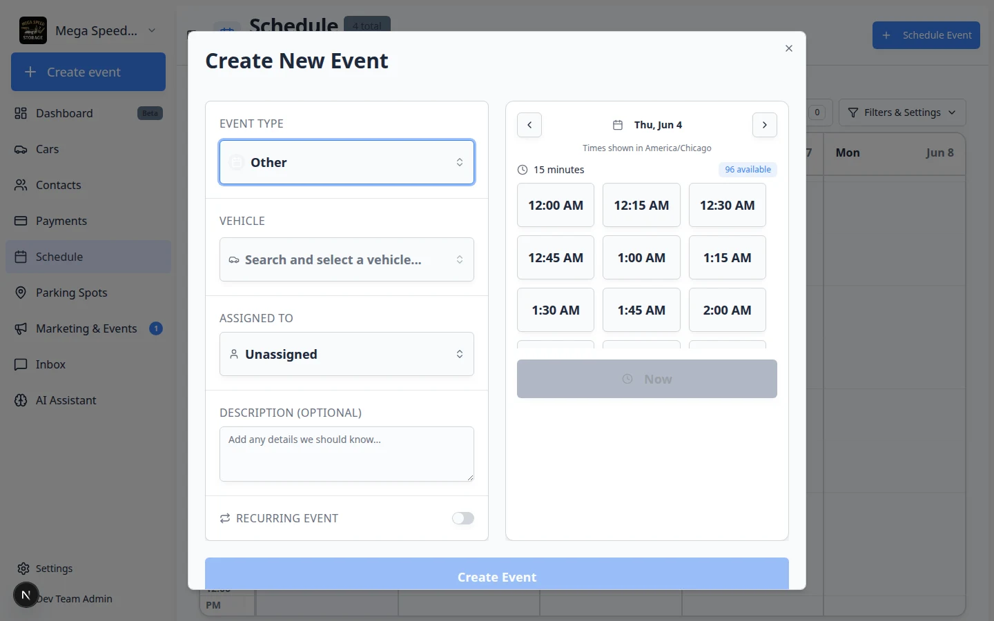 Create New Event dialog showing event type, vehicle, assigned team member, description, date picker, and available time slots