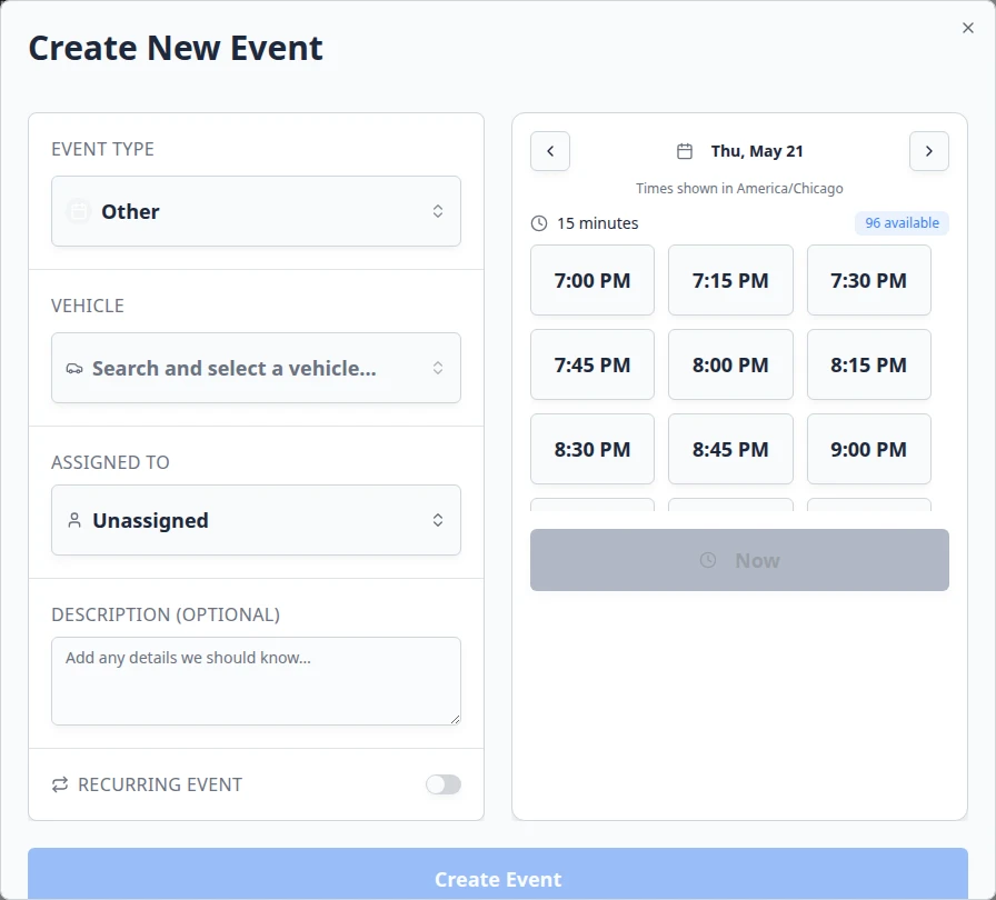Create New Event dialog showing fields for event type, vehicle selection, assigned team member, description, and a date/time picker with available time slots highlighted