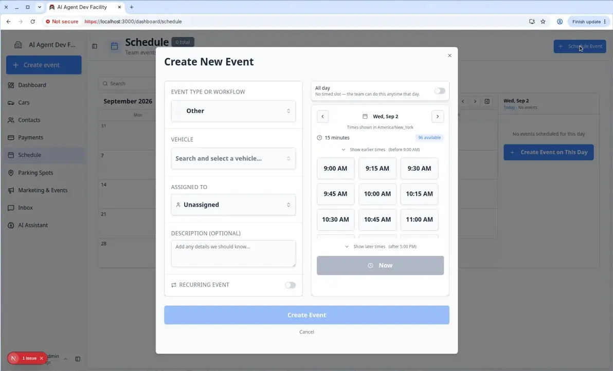 Create New Event form on the schedule