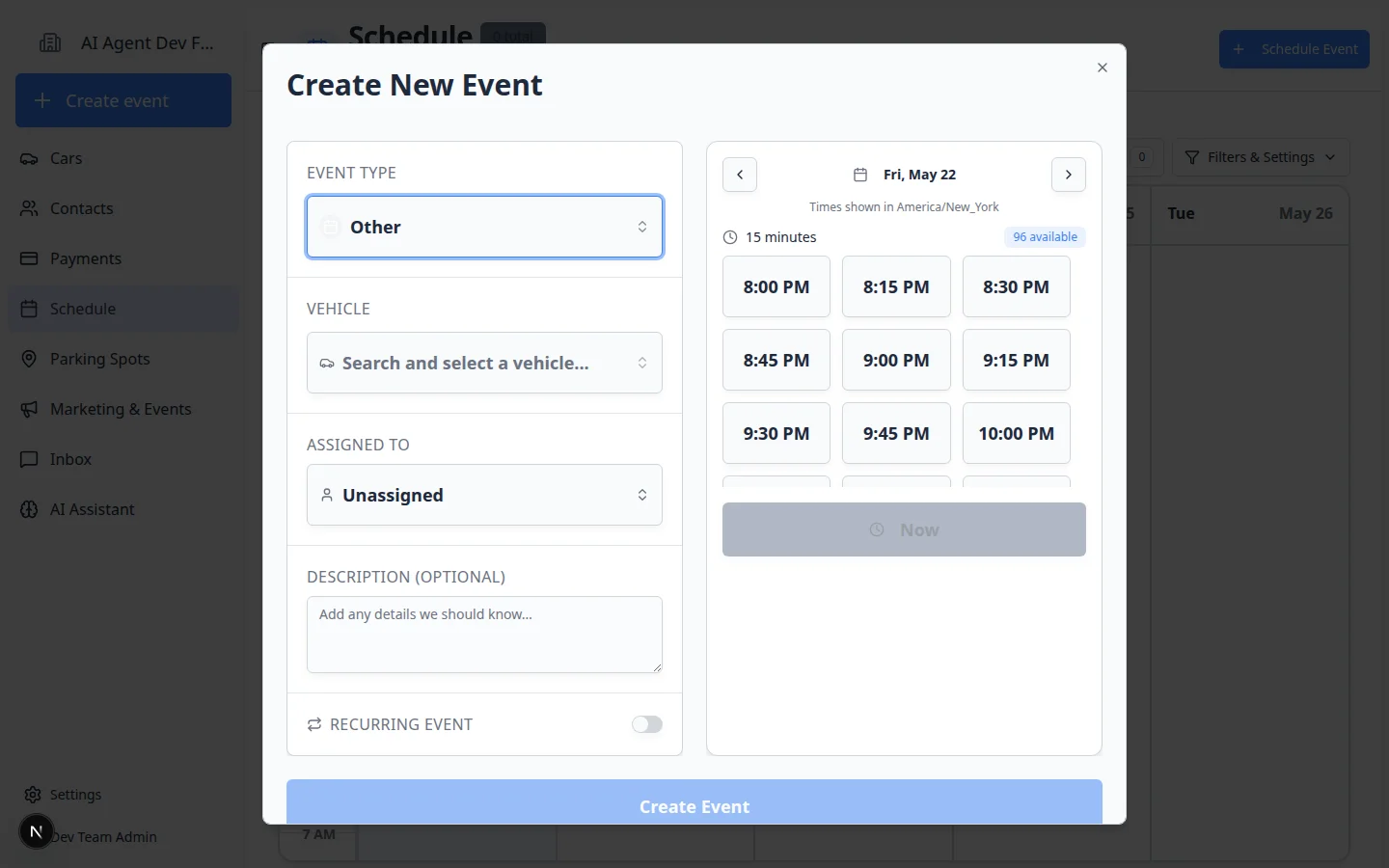 Create New Event form with the Now button visible below the available time slots