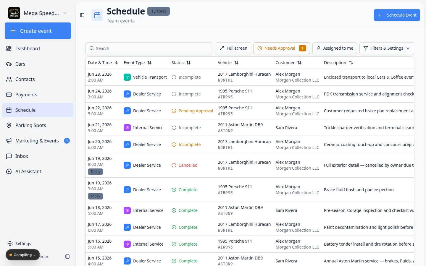 Schedule full-screen display showing Progress columns for To Do, In Progress, and Done with vehicle event cards