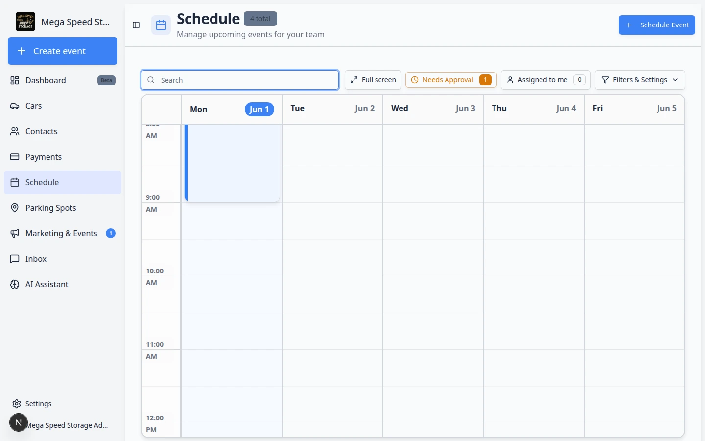 Edit Event form on Schedule showing date, time, assignee, and notes for a scheduled visit