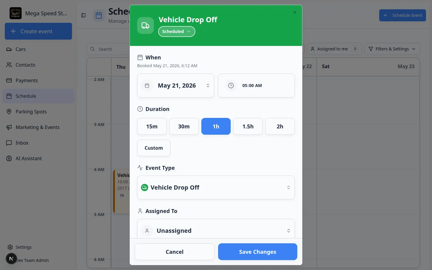 Edit event form showing When section with date, time, duration, assignee, vendor, and notes fields