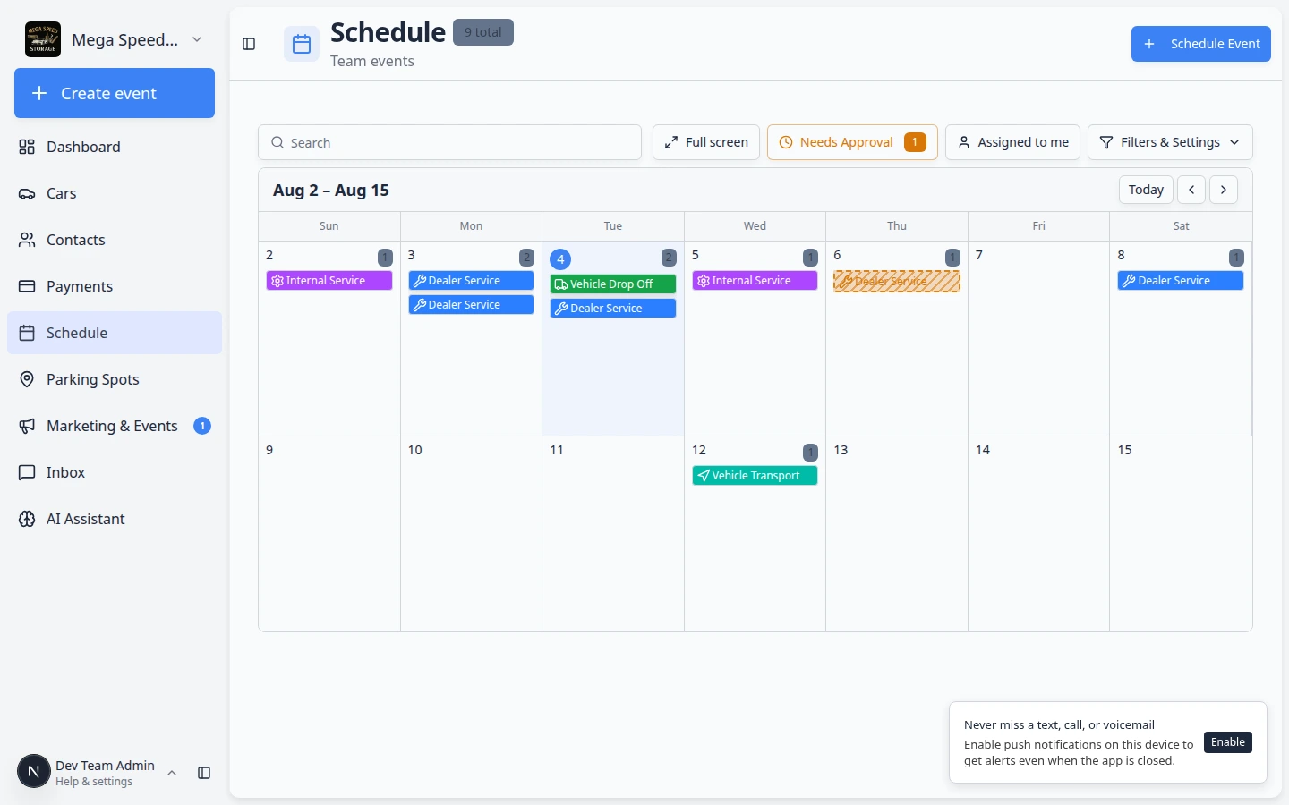 Edit Event form on Schedule showing date, time, assignee, and notes for a scheduled visit