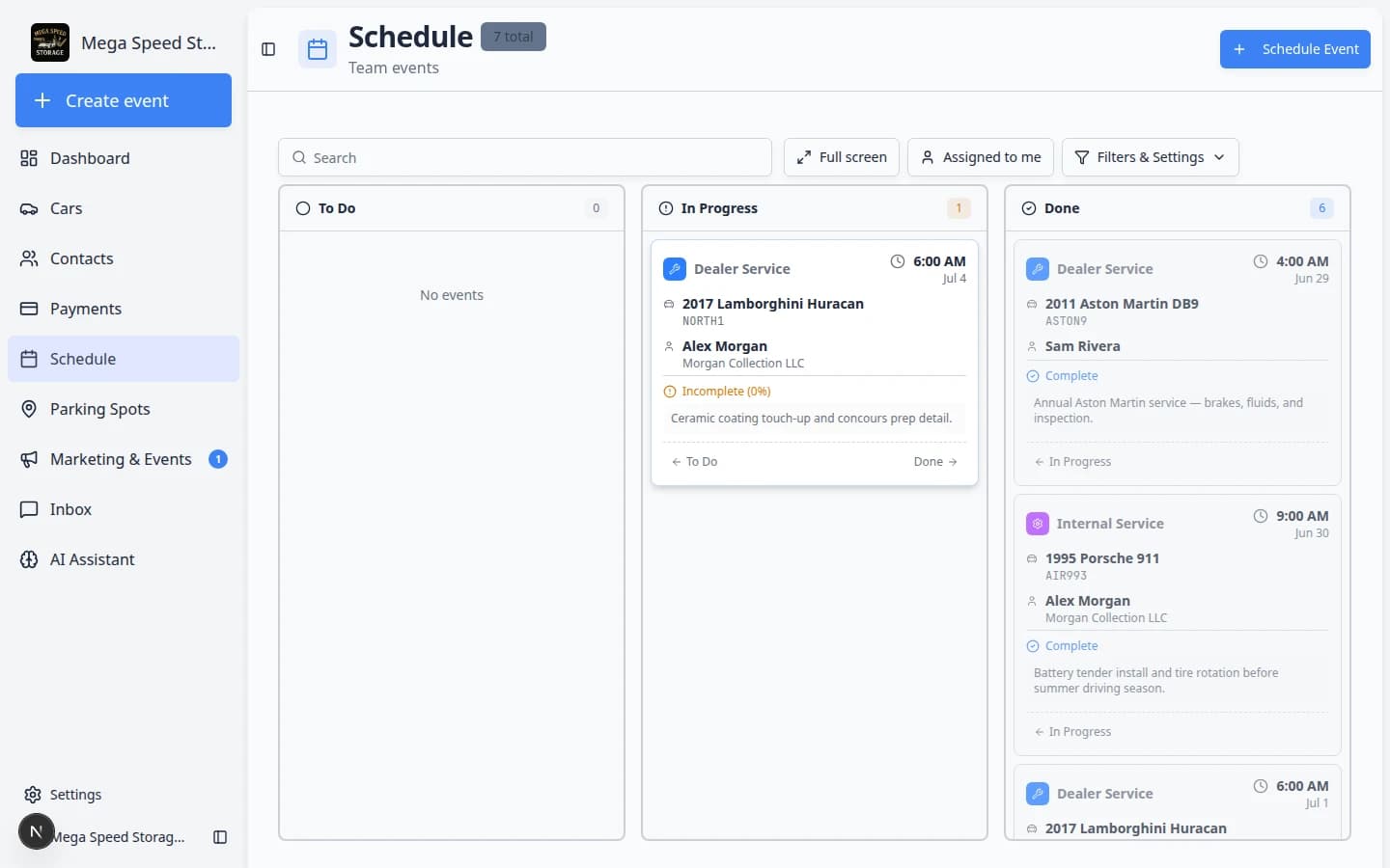 Schedule event detail panel showing vehicle, customer, scheduled time, notes, and a blue Open Event button