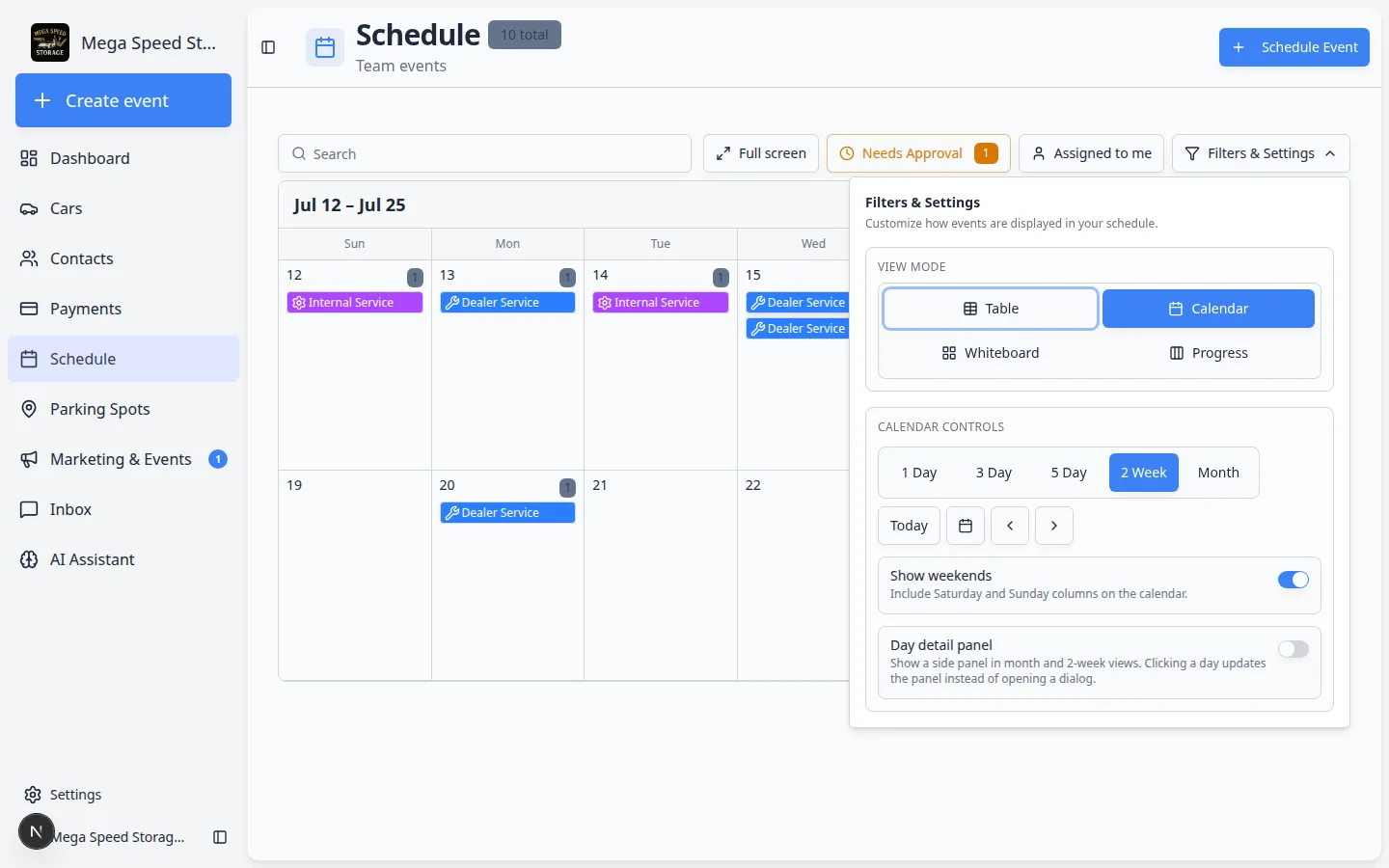 Filters and Settings panel on Schedule showing 2 Week selected plus Show weekends and Day detail panel switches
